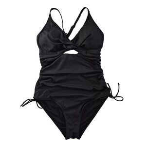 Eytino Black Ribbed Twist Front Cutout One Piece Swimsuit Ruched Side Size Large